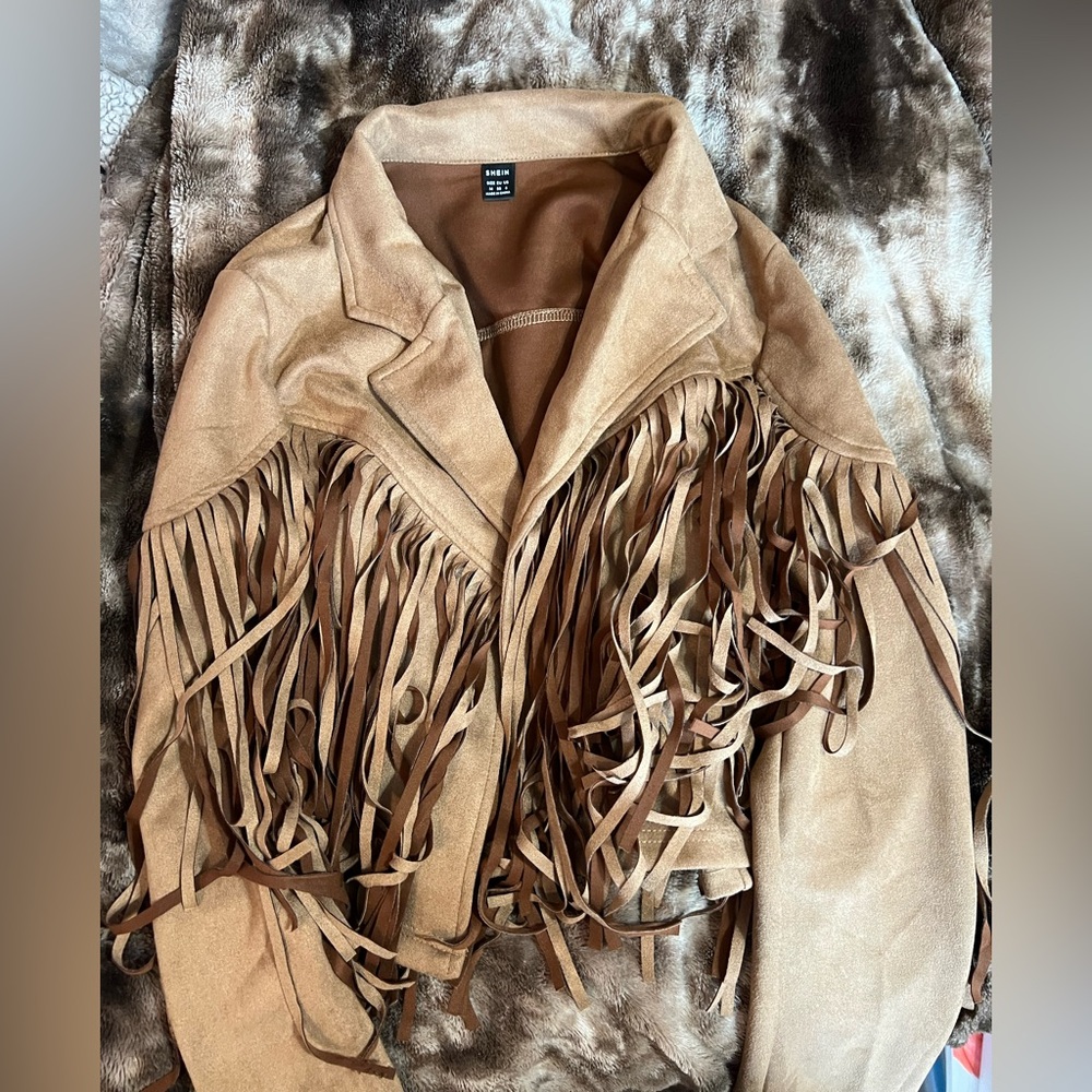 SHEIN Brown Western Fringe Leather Jacket